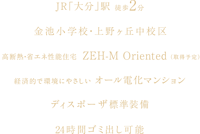 JR「大分」駅徒歩2分、金池小・上野ヶ丘中校区、高断熱・省エネ性能住宅ZEH-M oriented（取得予定）、経済的で環境にやさしいオール電化マンション、ディスポーザ標準装備、24時間ゴミ出し可能